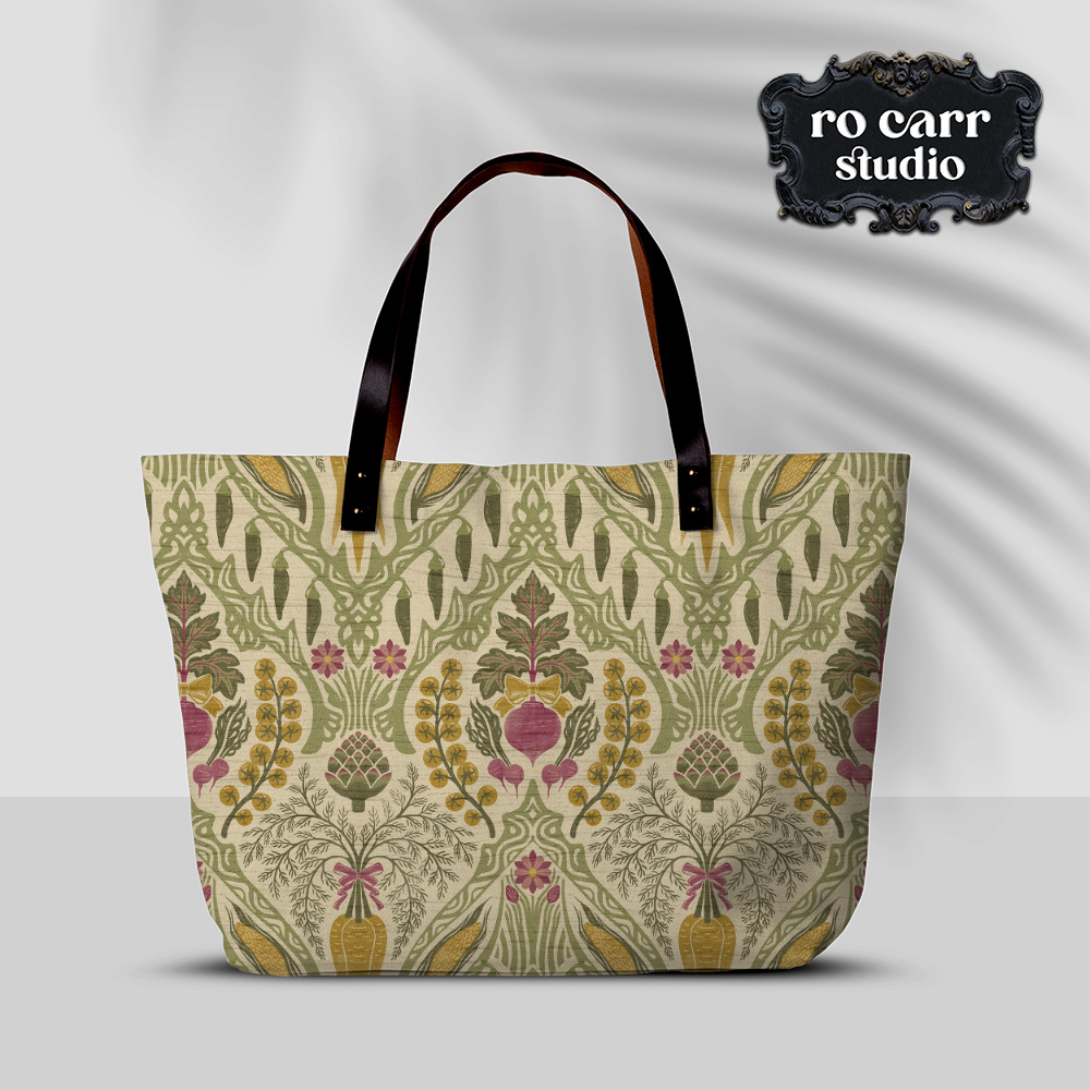 Heirloom & Bloom pattern printed on a tote bag with leather handles shown against a neutral background.