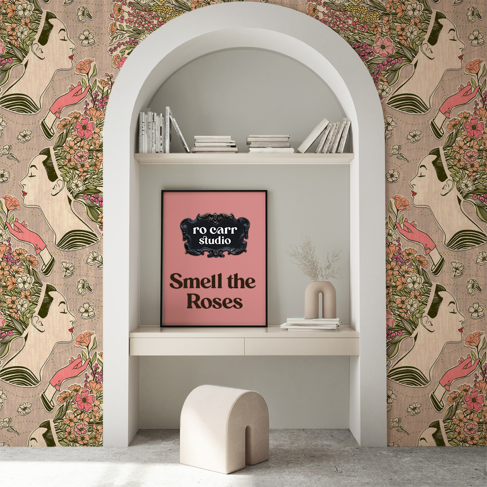 Arched bookshelf painted white against wildflower collage wallpaper.