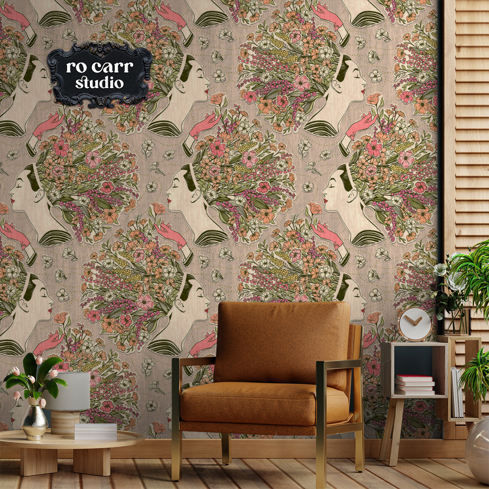 Cozy den with chaise lounge against wildflower collage wallpaper.