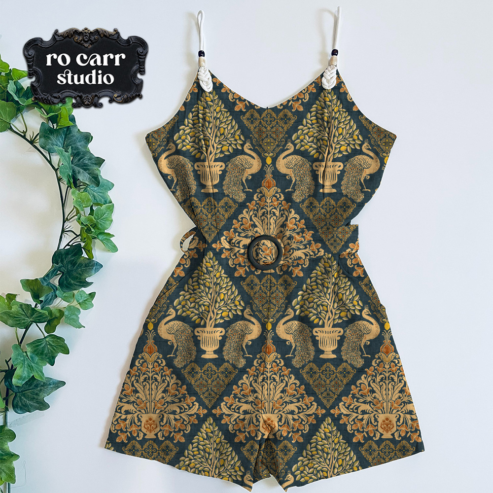 Tapestry Fiorentina pattern on a camisole romper with trailing ivy.
