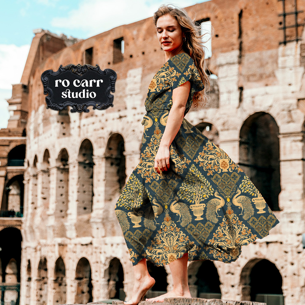 Woman in a flowing Tapestry Fiorentina dress walking in front of the Colosseum, Rome.