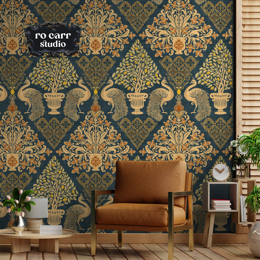 Tapestry Fiorentina as bold feature wallpaper in a modern living room with tan armchair.