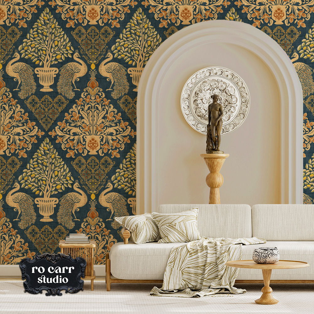 Tapestry Fiorentina pattern as wallpaper in a bright white Mediterranean-style living room.