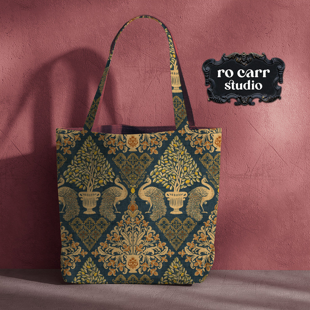 Tapestry Fiorentina pattern on a structured tote bag against a dusty rose background.