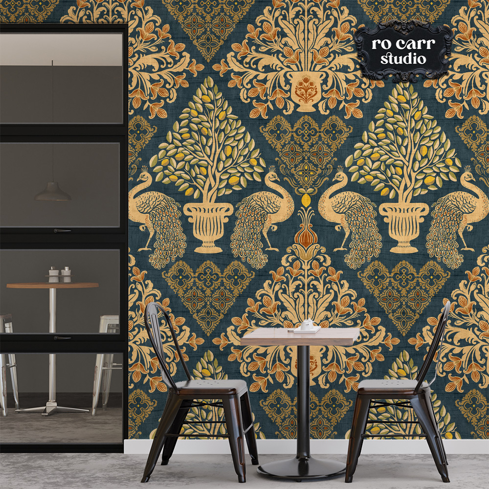 Tapestry Fiorentina as large-scale wallpaper in a café with bistro furniture.