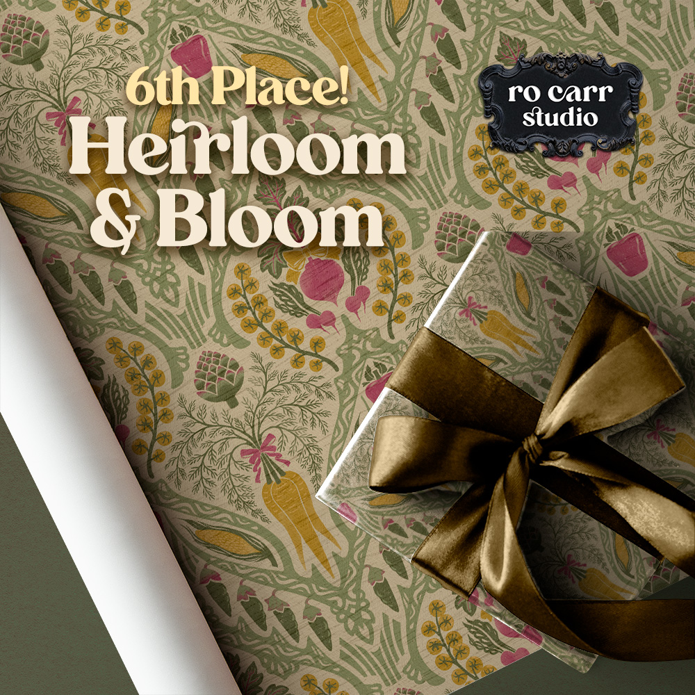 Heirloom & Bloom by Ro Carr Studio, a 6th place winning surface pattern featuring heirloom vegetables and botanicals in sage, gold, and pink, shown as wrapping paper with a bronze satin bow.