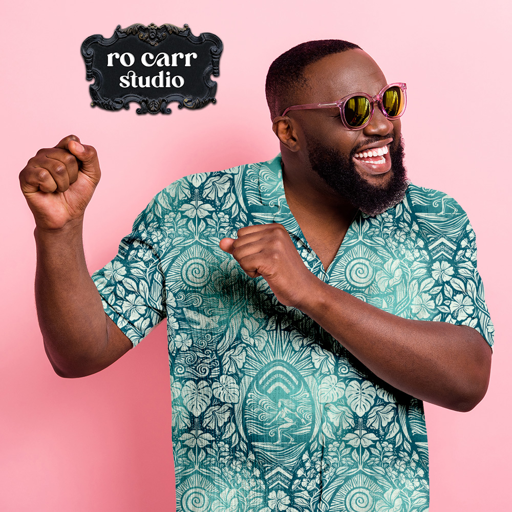 The design on a men's Hawaiian shirt.