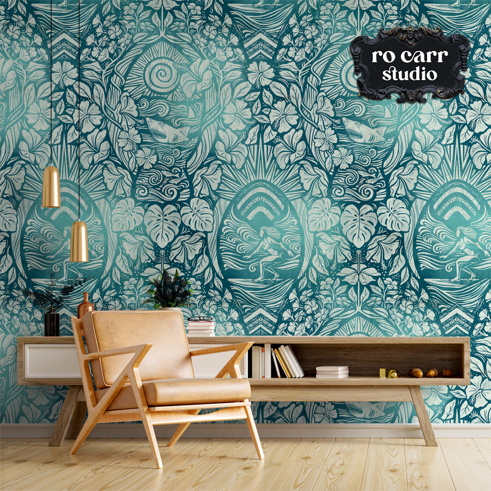 The design as wallpaper in a modern sitting room with wooden accents.