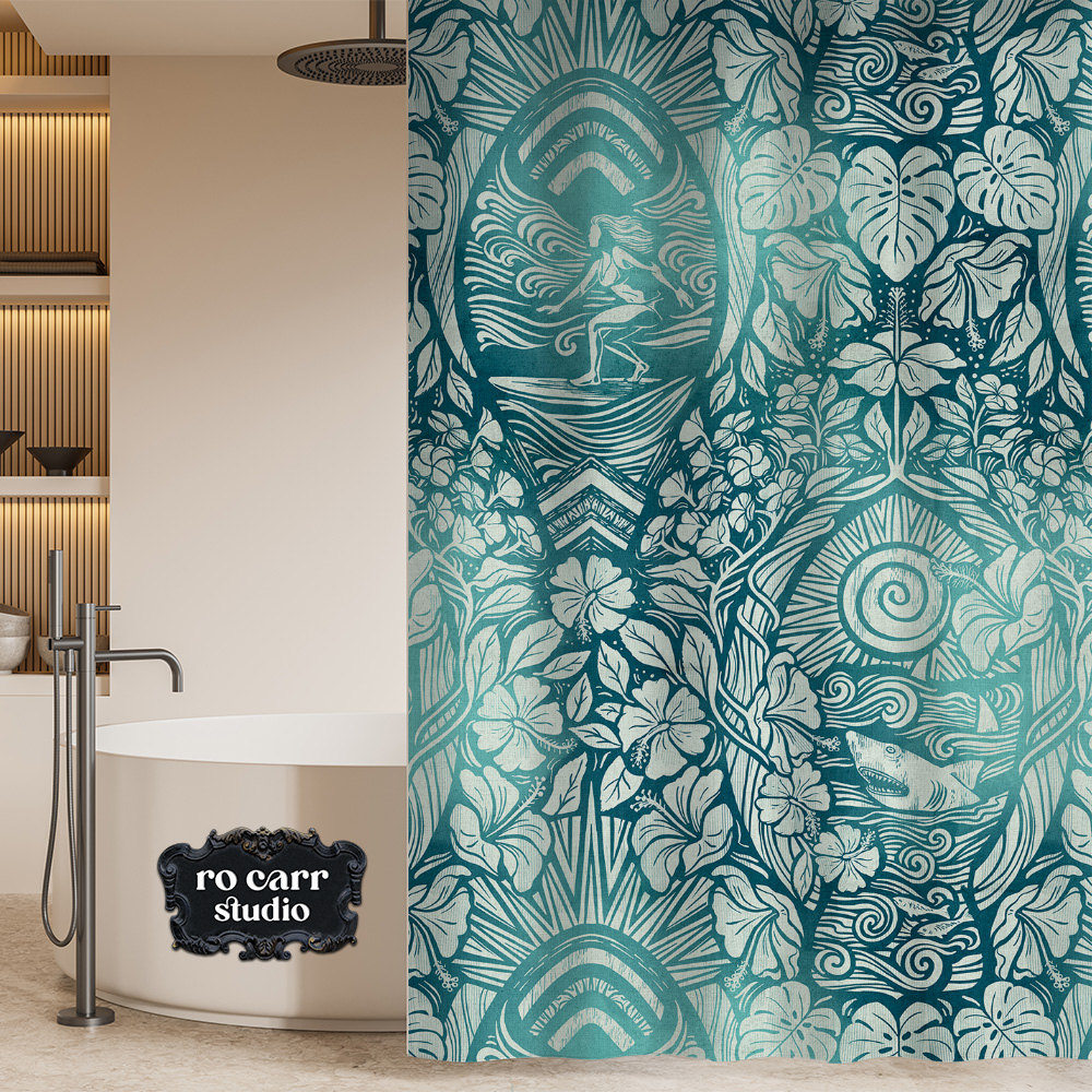 Mockup as a shower curtain in a bathroom with freestanding bathtub.