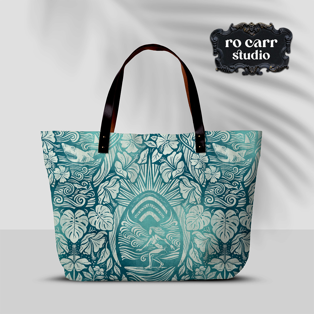 The design on a tote bag with leather handles.