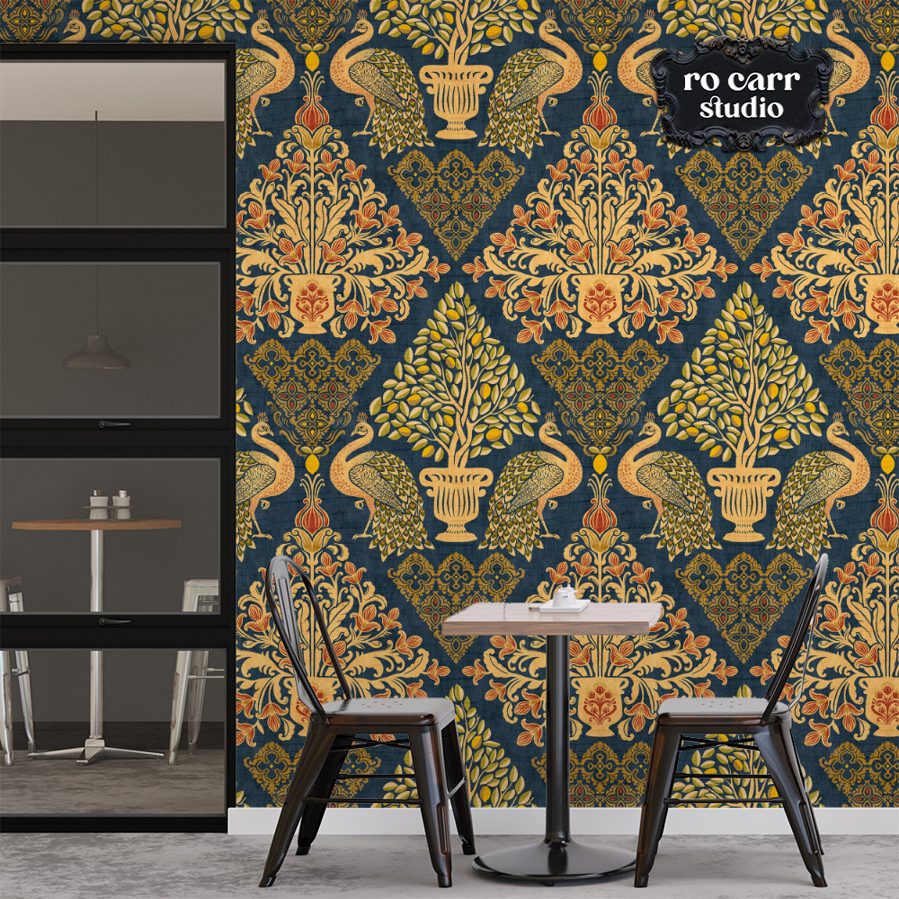 Tapestry Fiorentina as large-scale wallpaper in a café with bistro furniture.