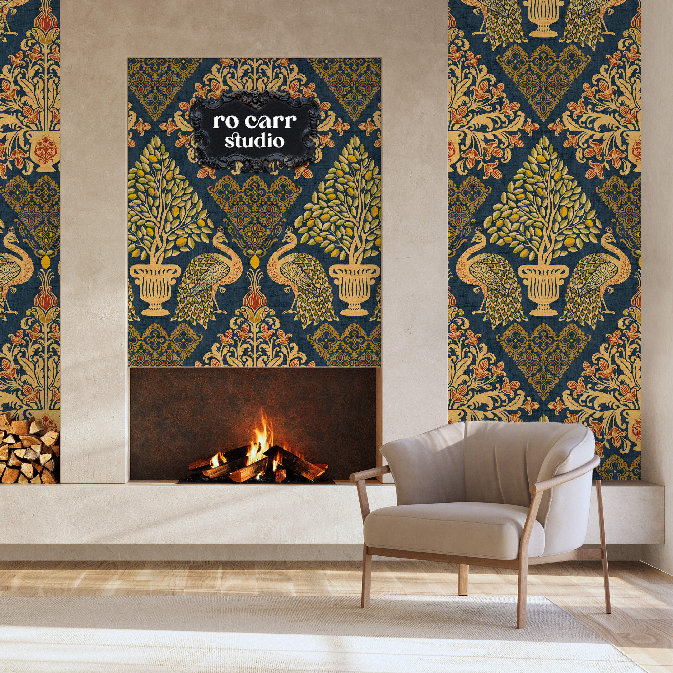 Mockup of wallpaper in a modern living room with a fireplace and occasional chair.