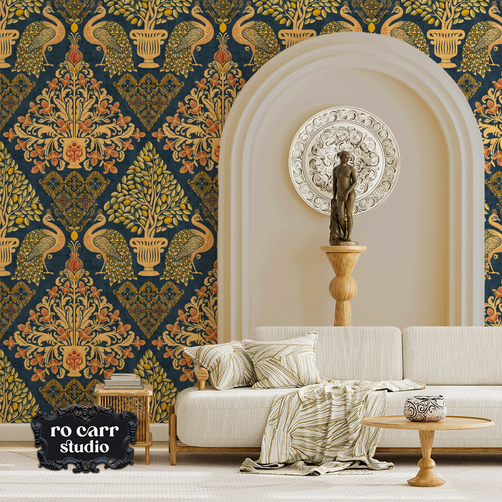 Tapestry Fiorentina pattern as wallpaper in a bright white Mediterranean-style living room.