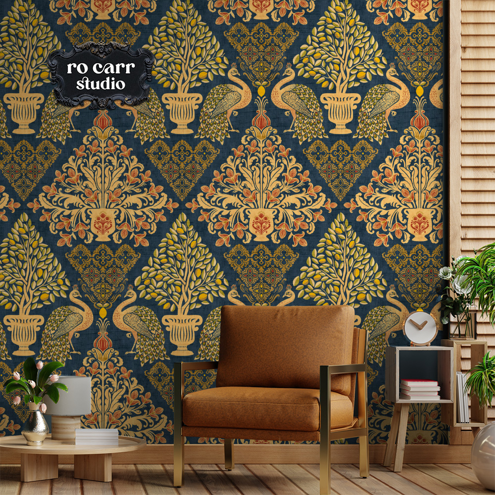 Tapestry Fiorentina as bold feature wallpaper in a modern living room with tan armchair.