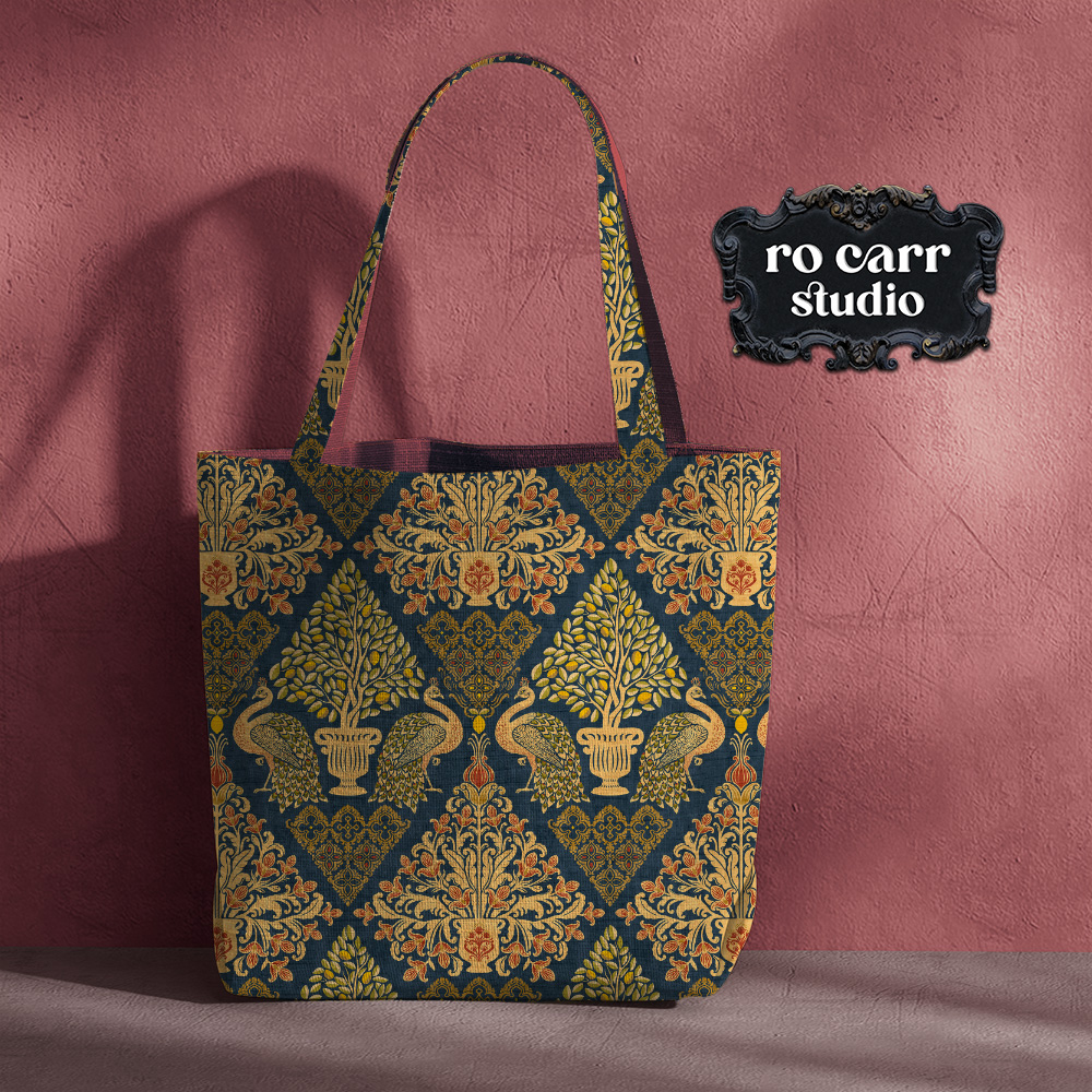 Tapestry Fiorentina pattern on a structured tote bag against a dusty rose background.