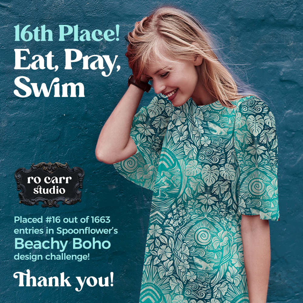 16th Place! Eat, Pray, Swim This design placed #16 out of 1663 entries in Spoonflower's "Beachy Boho" design challenge!