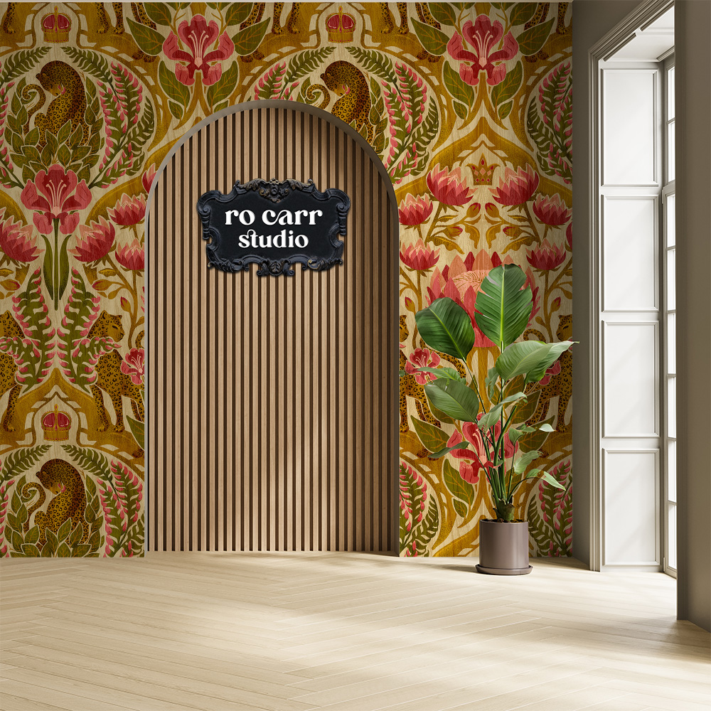 A damask-style leopard and tropical floral pattern in antique gold, olive green, and rose red shown as wallpaper in a modern arched interior.
