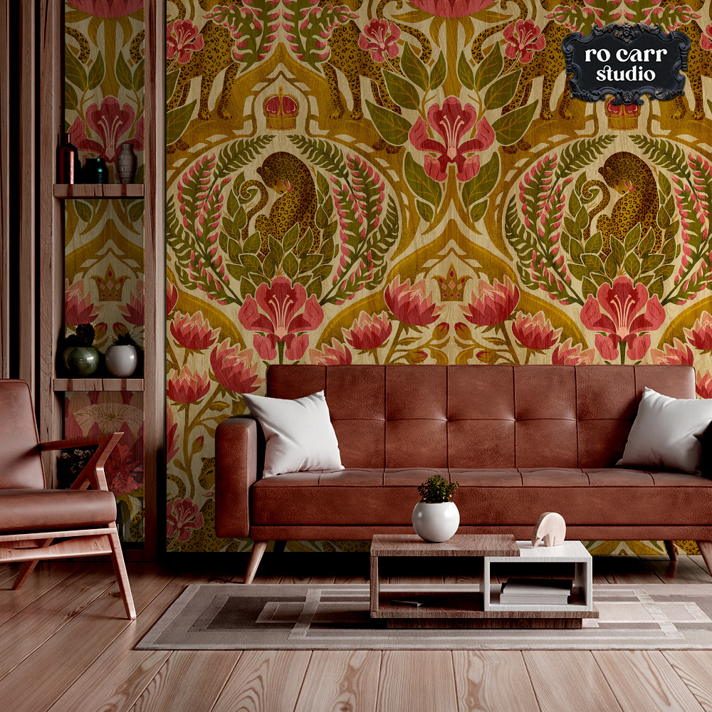 A damask leopard and tropical floral pattern in antique gold, olive green, and rose red shown as wallpaper in a mid-century modern living room.