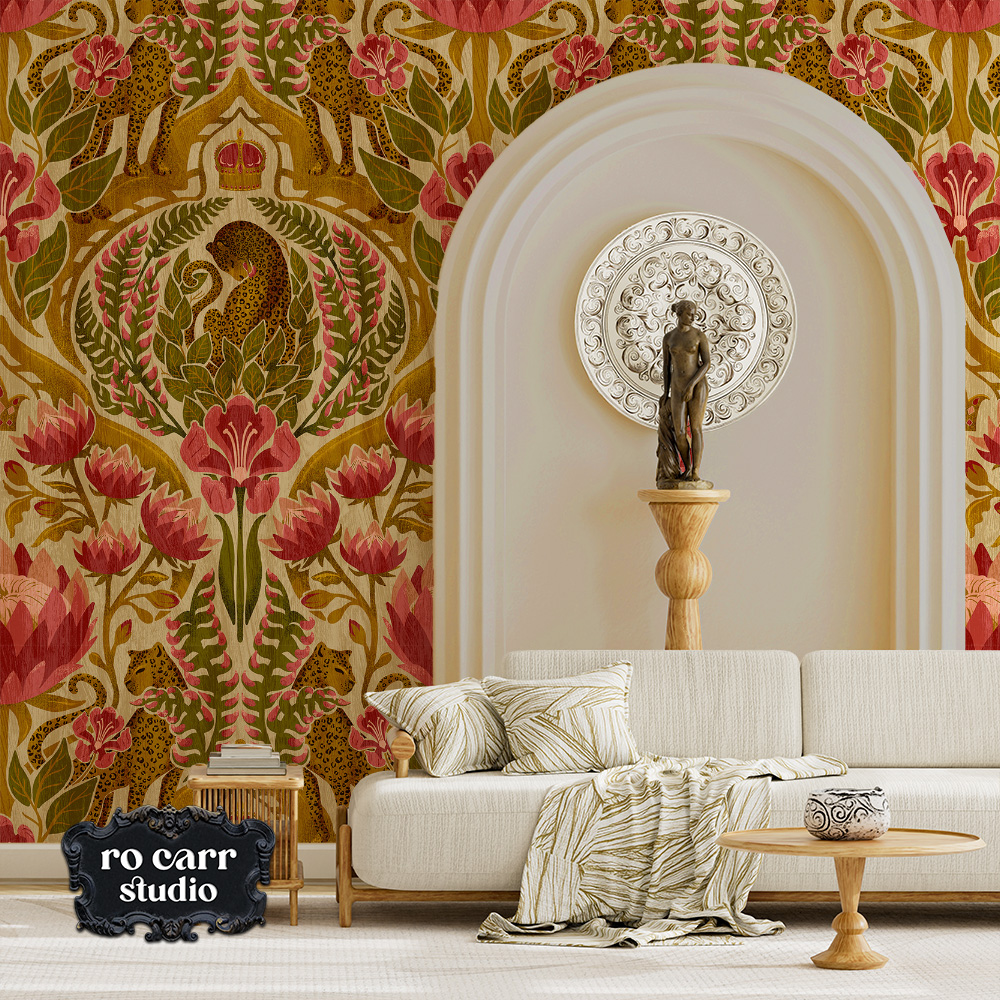 A damask leopard and tropical floral pattern in antique gold, olive green, and rose red shown as wallpaper in an elegant white arched interior with a classical statue.