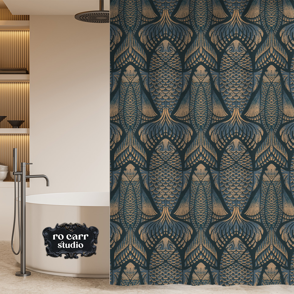 The Real McKoi pattern on a shower curtain in a modern bathroom setting.