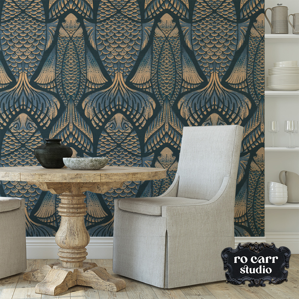 Mockup of the pattern as wallpaper behind a neutral dining vignette with a stone table.