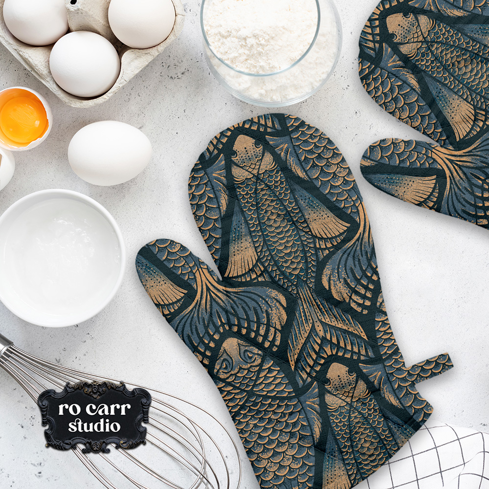 Mockup showing the design on oven mitts, styled with baking ingredients.