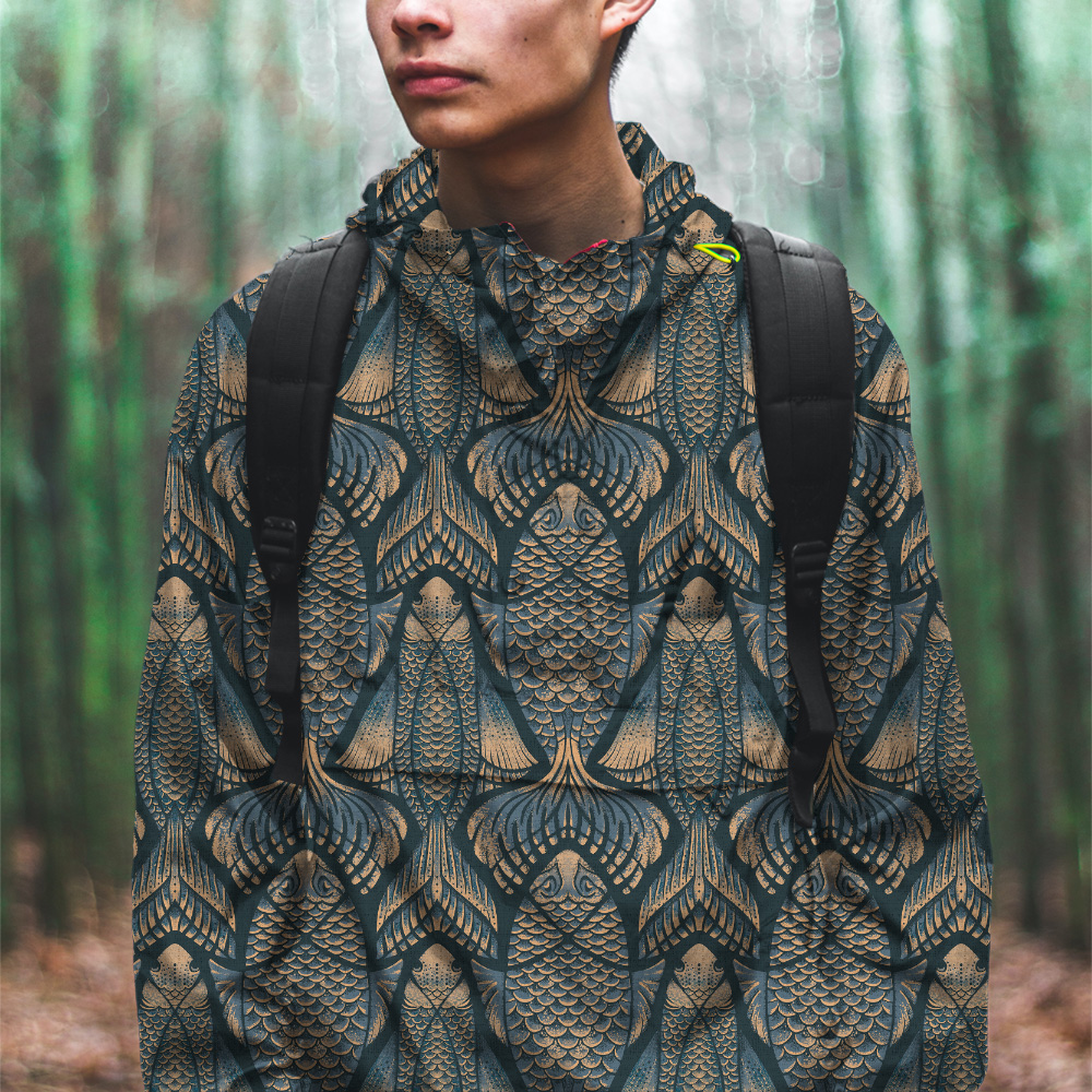 Person in a bamboo forest wearing a hoodie printed with the pattern.