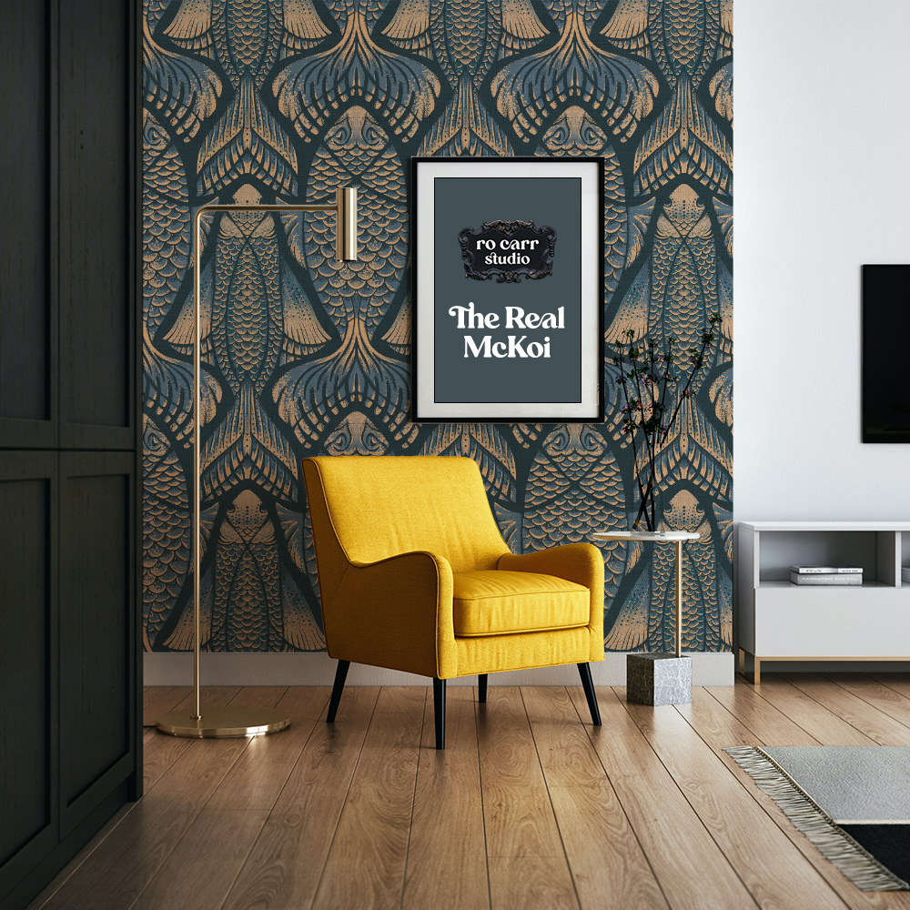 The pattern as full-room wallpaper with a yellow armchair and framed title card.