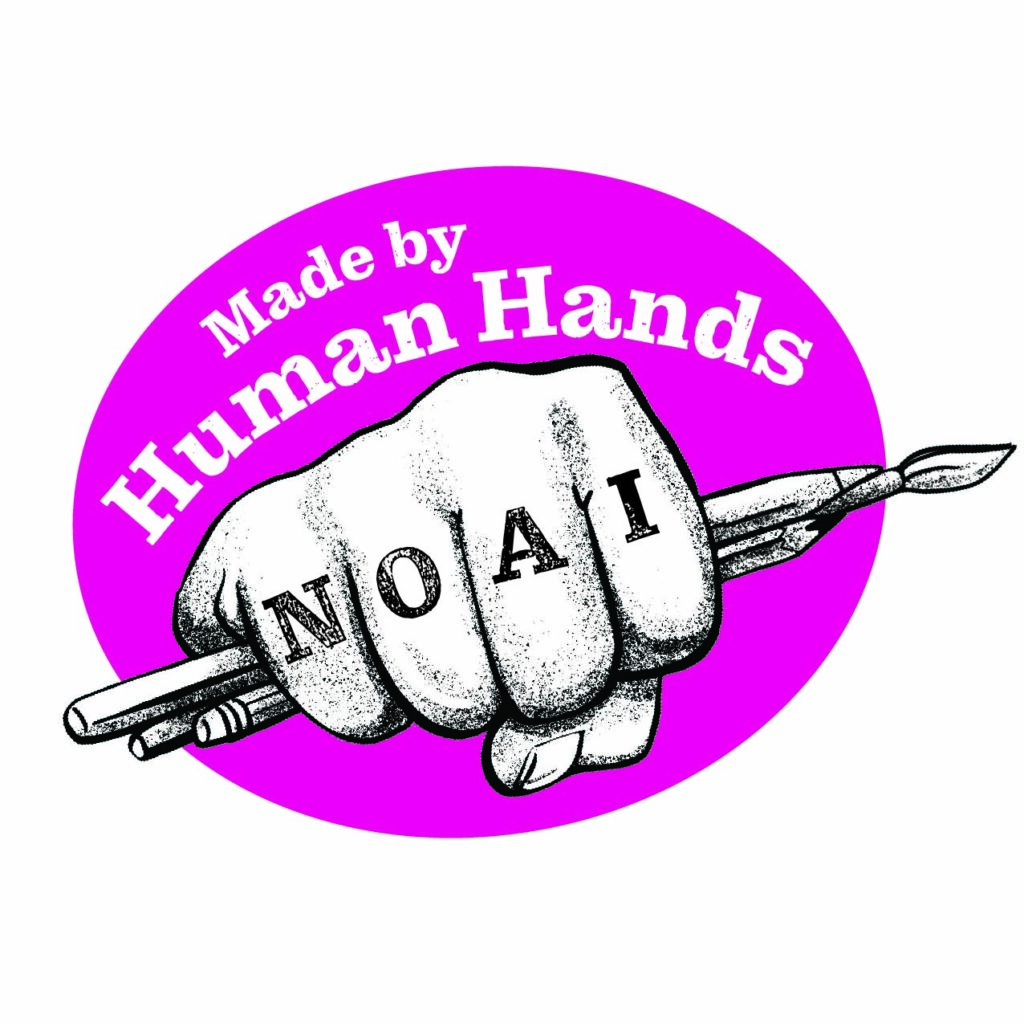 No AI badge - tattoos on fist holding stylus, pencil and brush.