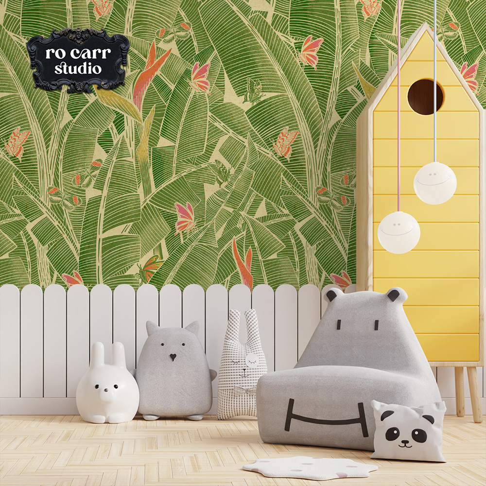 Goodnight Jungle wallpaper in a bright children's playroom with stuffed animal decor.