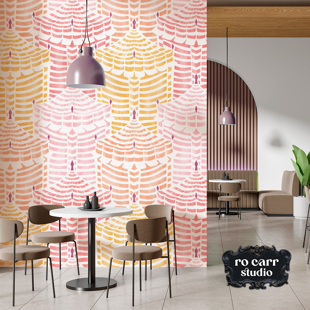 Cabana Republic as wallpaper in a modern cafe interior with arched doorway and pendant lighting.