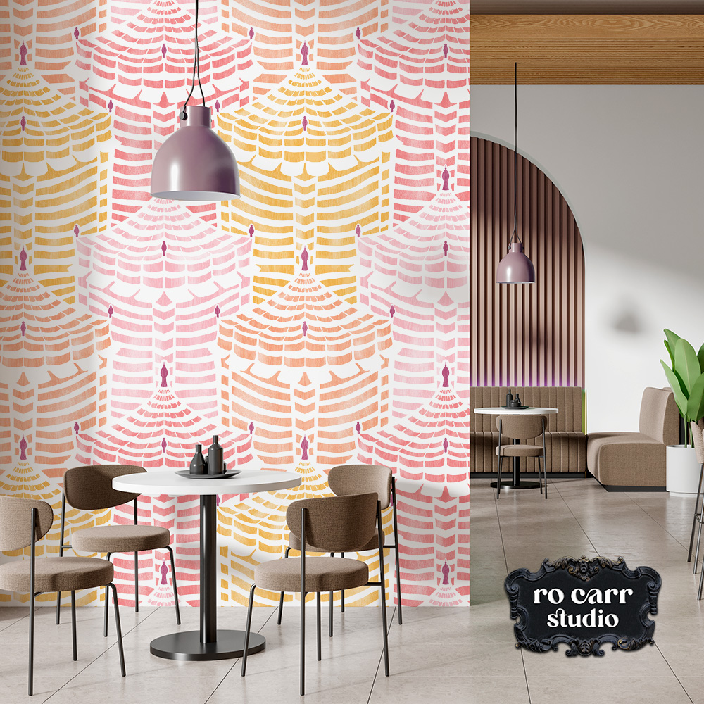 Cabana Republic as wallpaper in a modern cafe interior with arched doorway and pendant lighting.
