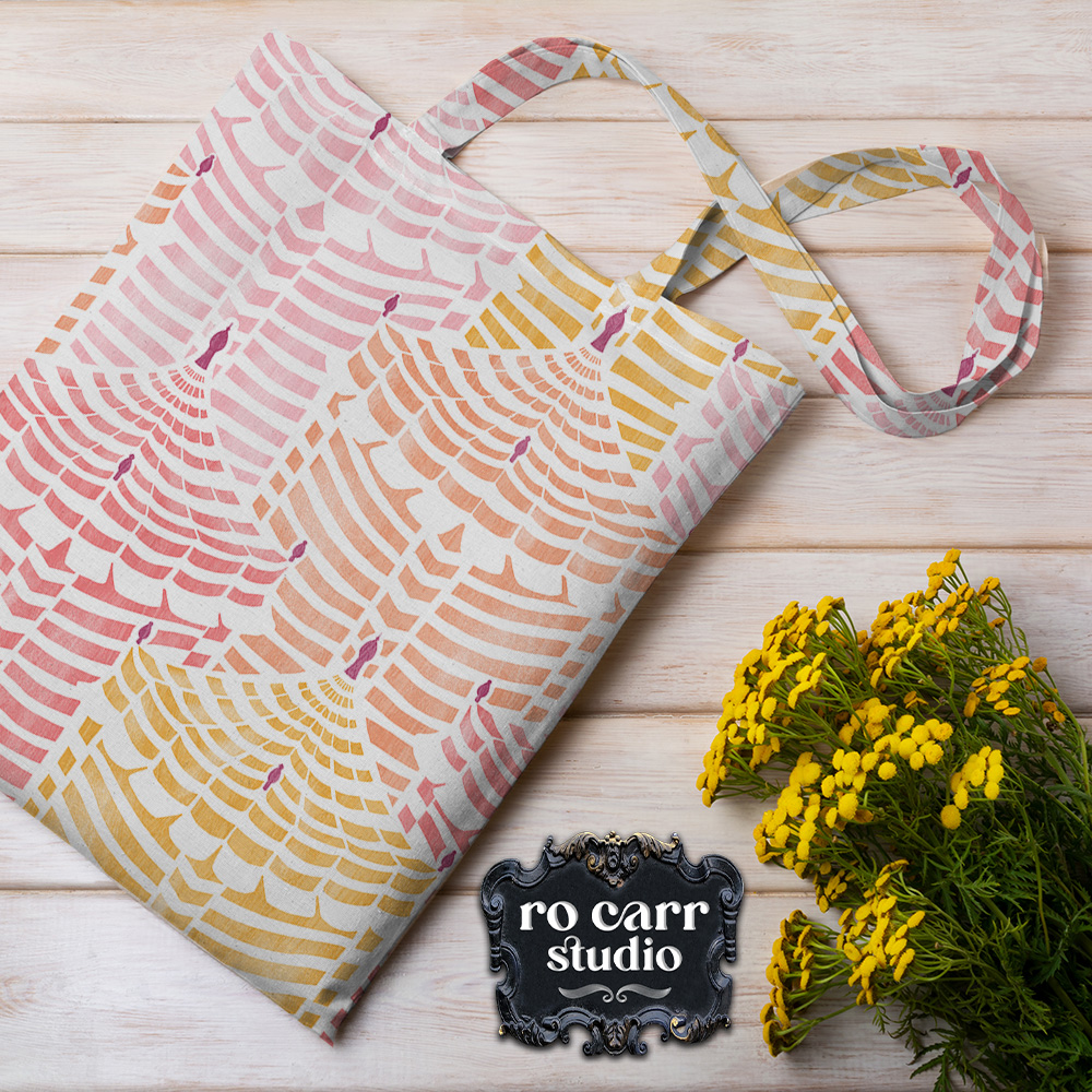 Cabana Republic fabric folded as a tote bag alongside yellow wildflowers on a wooden surface.