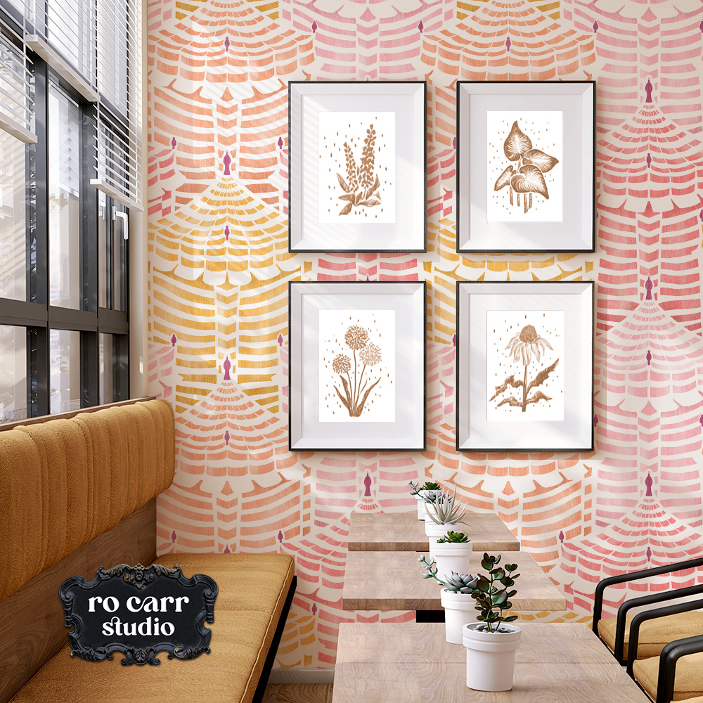 Cabana Republic wallpaper in a cafe setting, anchoring a gallery wall of botanical prints.