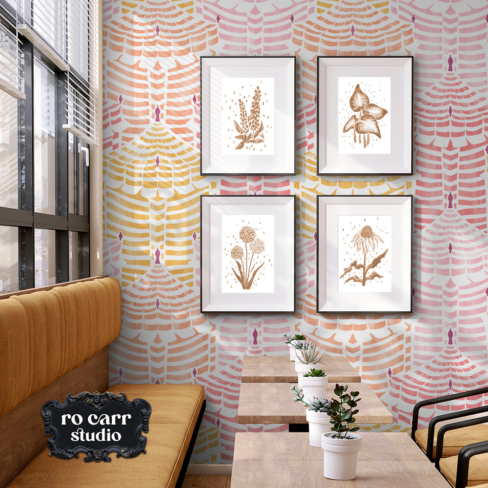 Cabana Republic wallpaper in a cafe setting, anchoring a gallery wall of botanical prints.