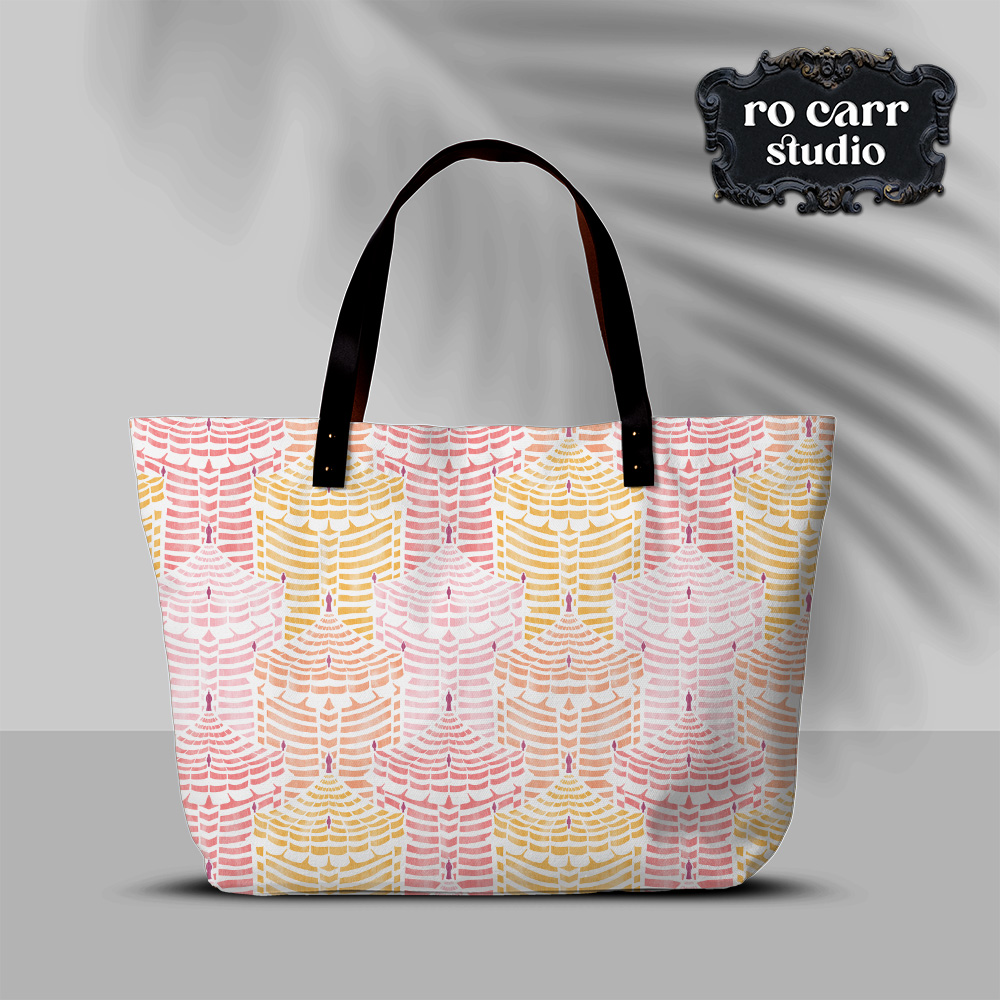 Structured tote bag in Cabana Republic, Cotton Candy colorway, against a shady grey background.