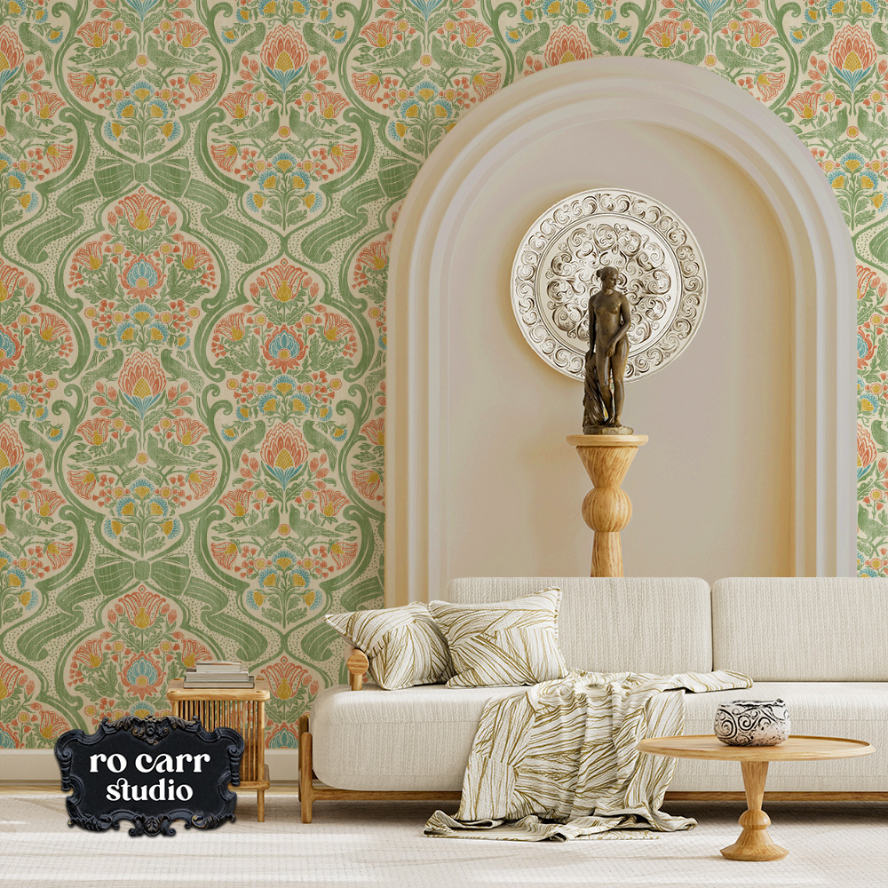 Bright living room with arched niche and classical statue, walls covered in a densely layered botanical wallpaper.