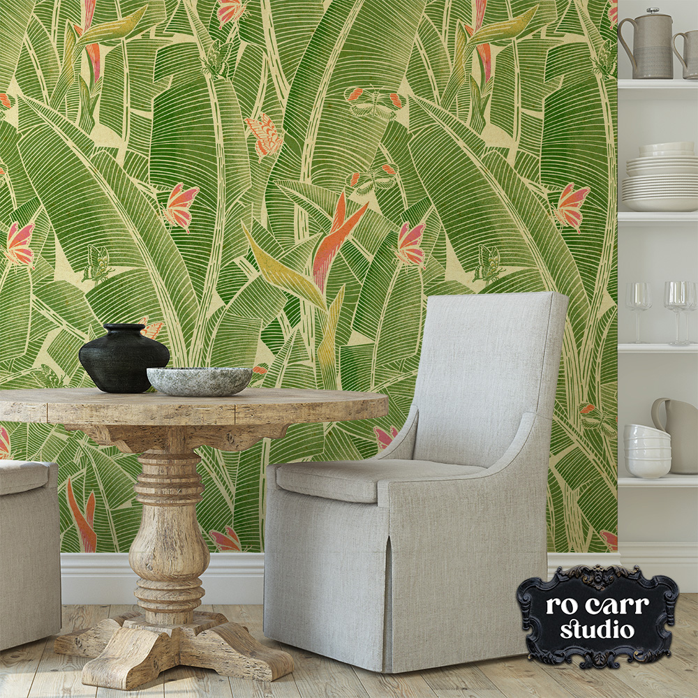 Goodnight Jungle wallpaper in a neutral dining room with a round wood table and linen chair.