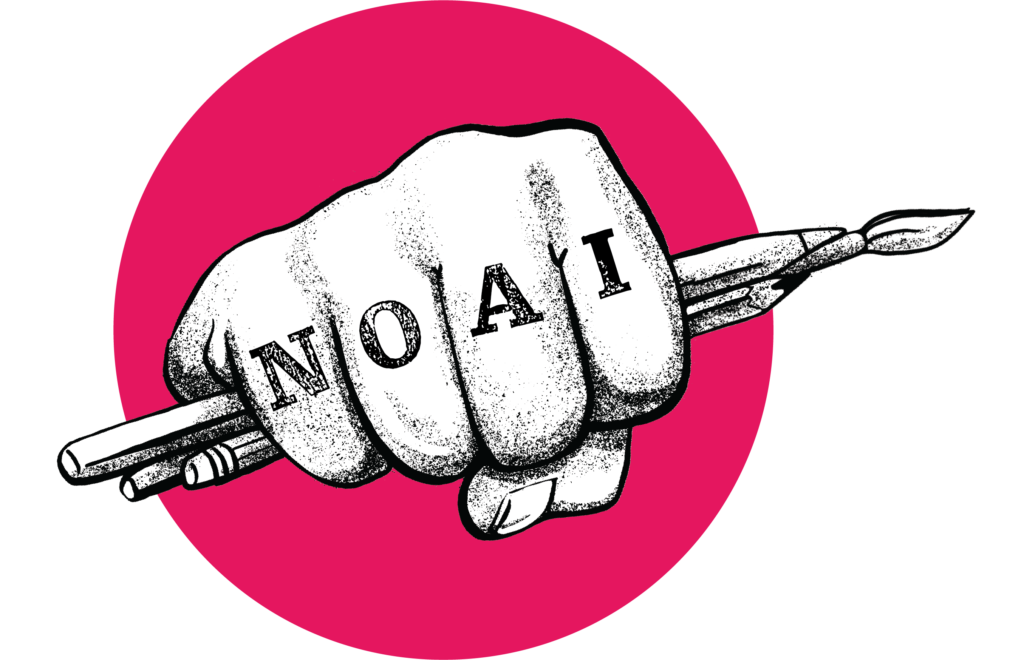 No AI badge - tattoos on fist holding stylus, pencil and brush.