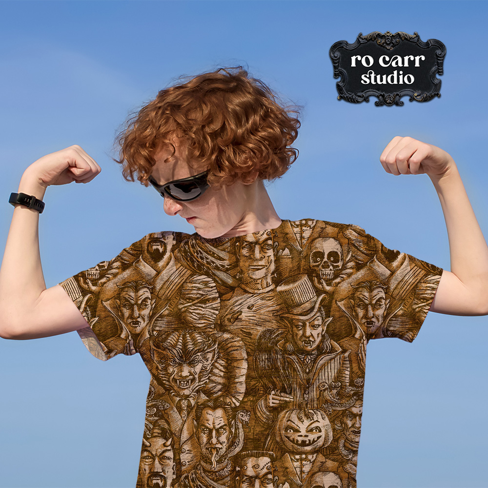 Tween boy, flexing in a monster-print t-shirt, withered orange colorway.