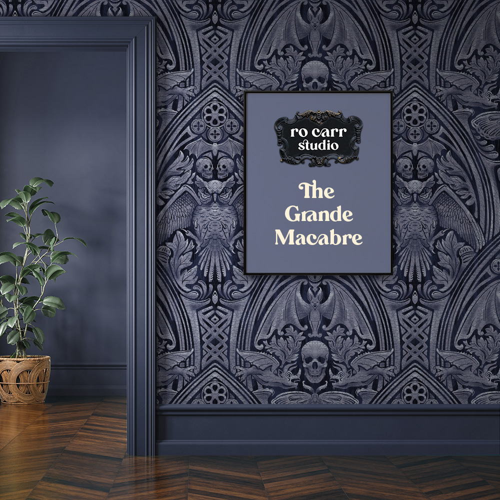 The Grande Macabre wallpaper in a dark-paneled entryway.