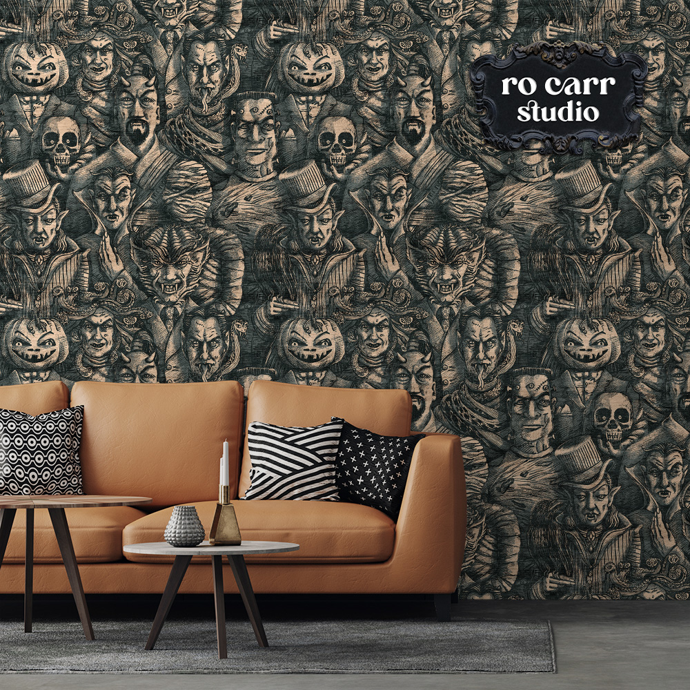 Monster print wallpaper in Cursed Teal behind a modern tan sofa.
