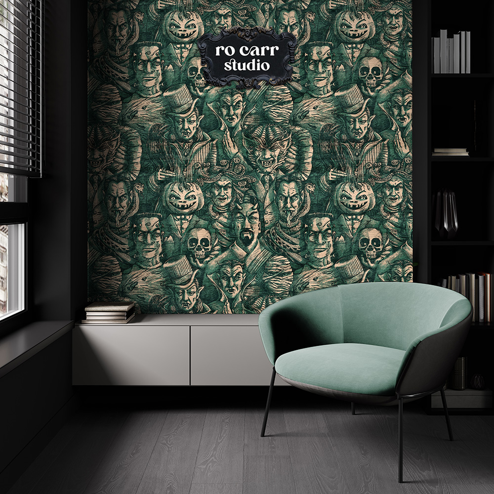 Floor-to-ceiling wallpaper in Cursed Teal in a modern interior with sage green chair.