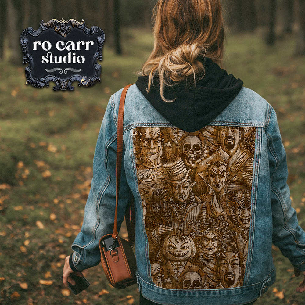 Denim jacket with monster print on the back panel, Withered Orange, autumn outdoor setting.
