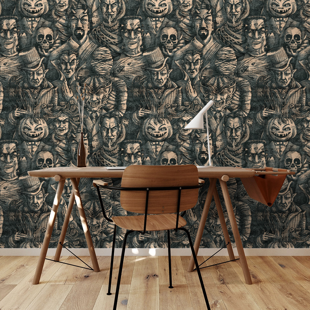 Dead Gray wallpaper in a home office with wooden desk.
