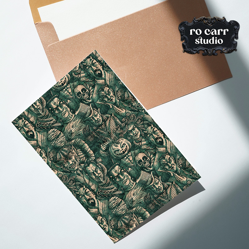 Printed greeting card and envelope in Cursed Teal monster print.