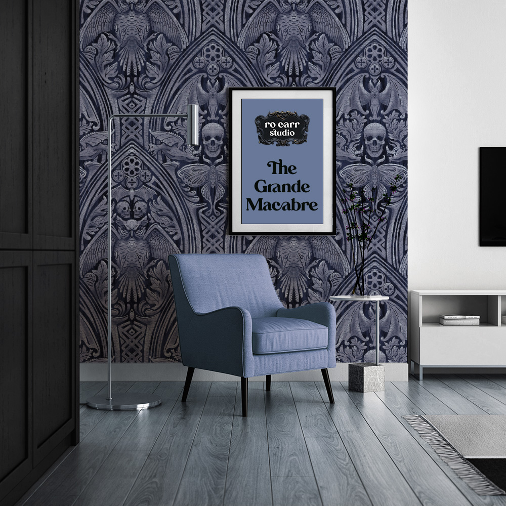 Wallpaper in a modern sitting room with framed print.