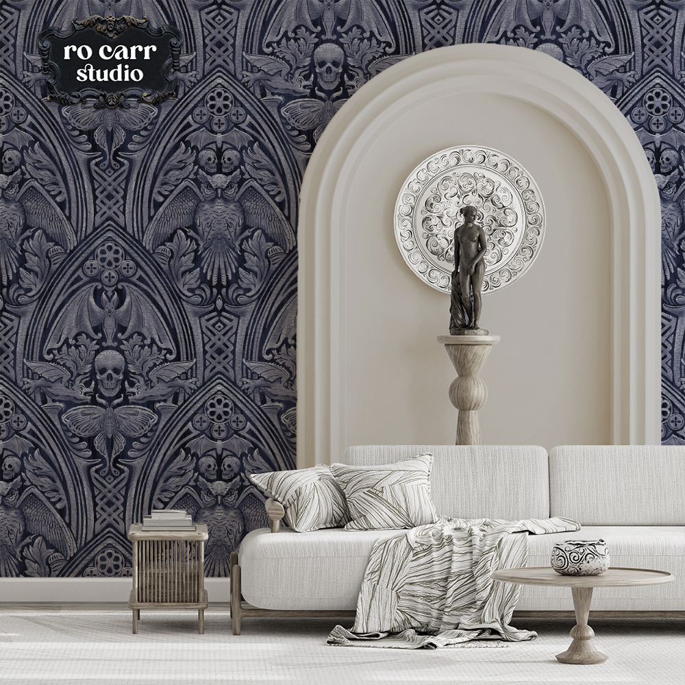 Wallpaper in a minimal living room with an arched alcove and classical statue.