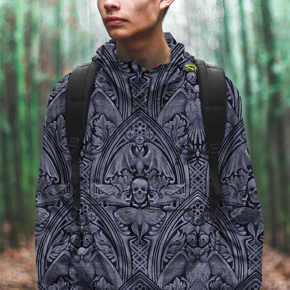 Hooded windbreaker on an sporty male model, hiking in a bamboo forest.